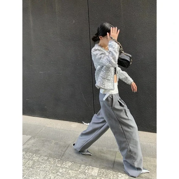 double waist contrast colorwide leg pants